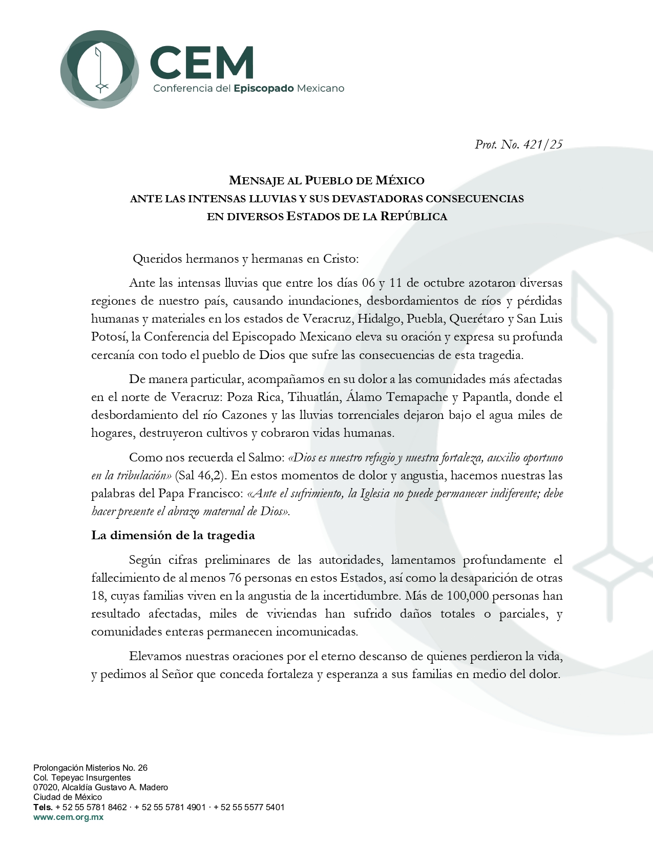 Mensaje al Pueblo de México por desastres naturales page 0001