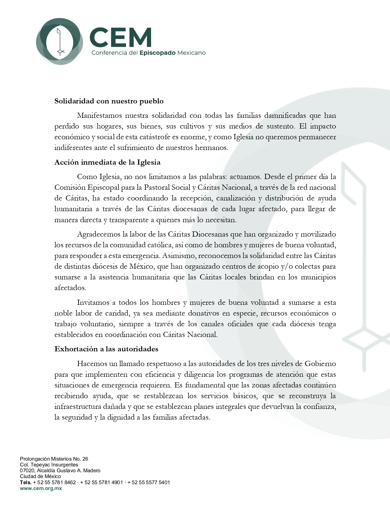 Mensaje al Pueblo de México por desastres naturales page 0002