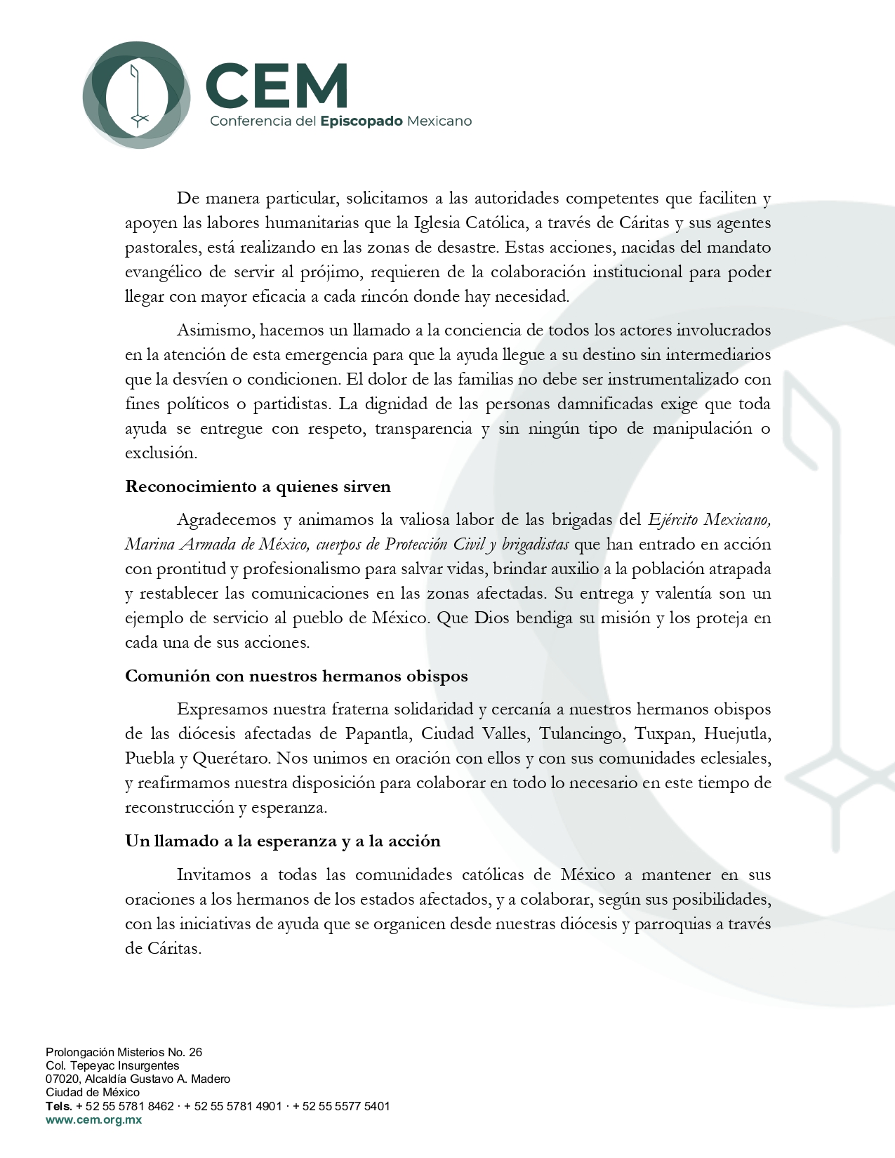 Mensaje al Pueblo de México por desastres naturales page 0003