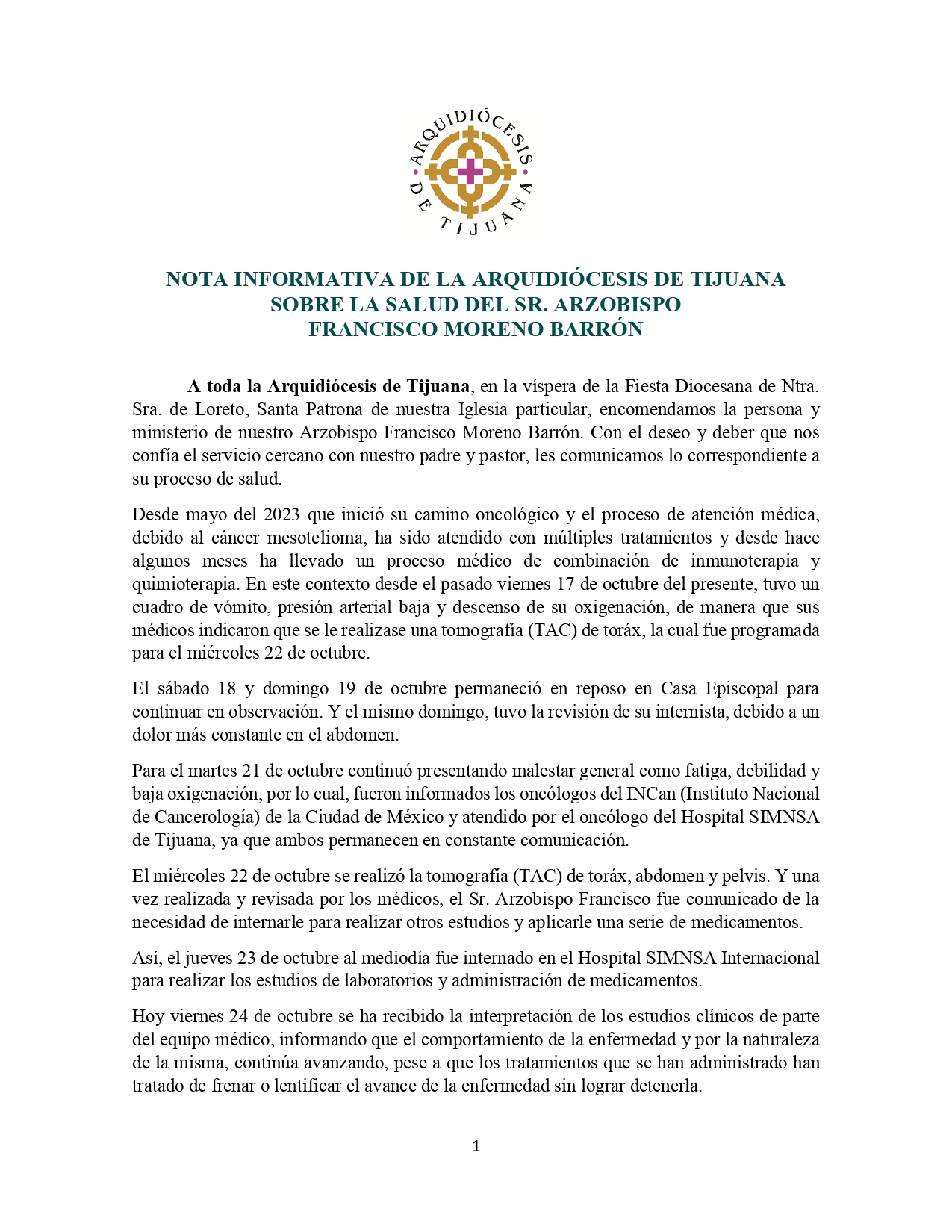 Nota Informativa Salud Sr Arzobispo Francisco 24 octubre de 2025 page 0001
