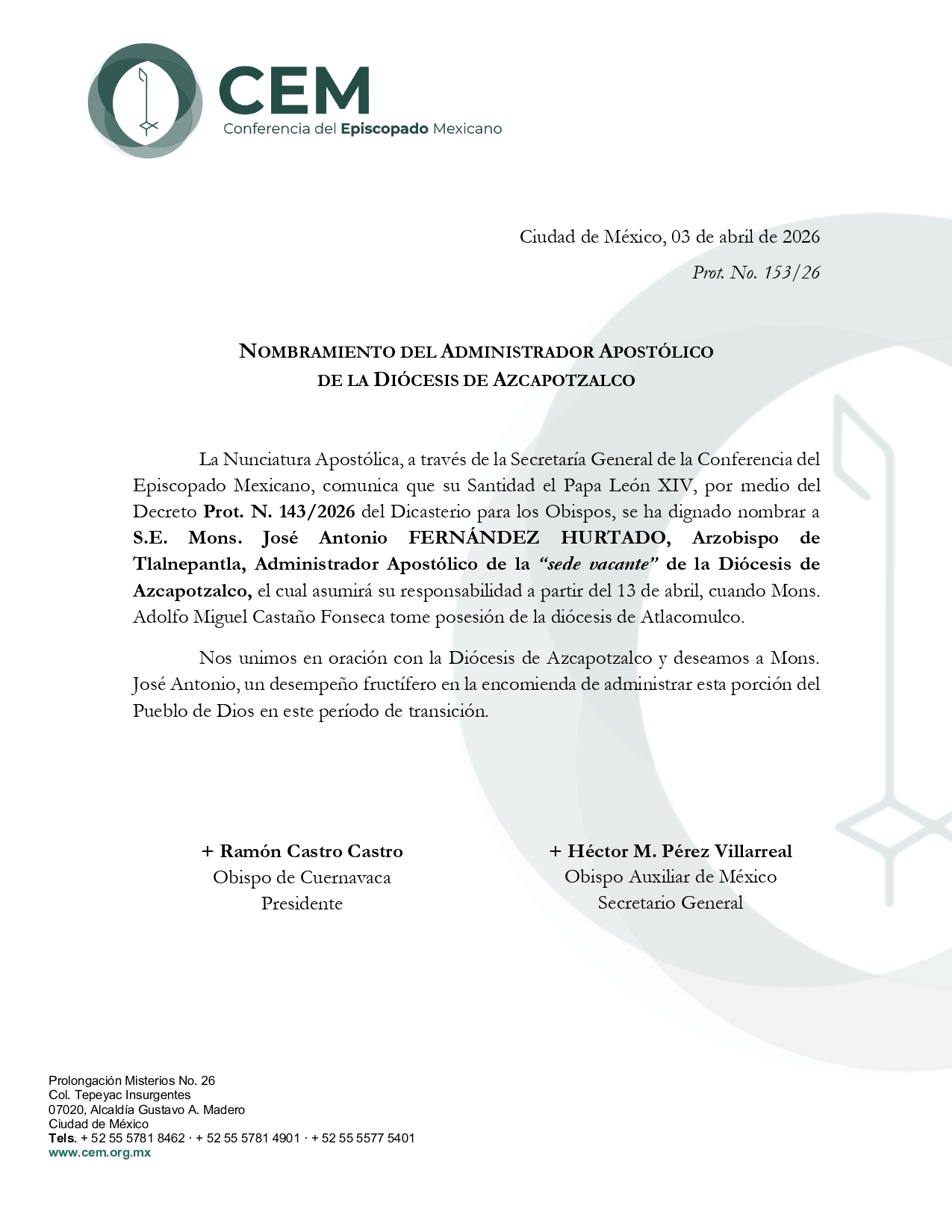 Comunicado Nombramiento Administrador apostólico Diócesis de Azcapotzalco page 0001
