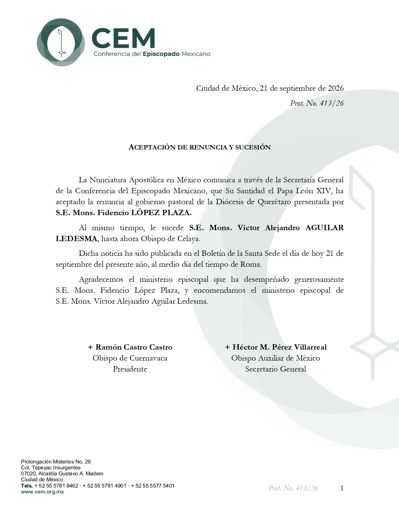 Renuncia y sucesión Diócesis de Querétaro page 0001