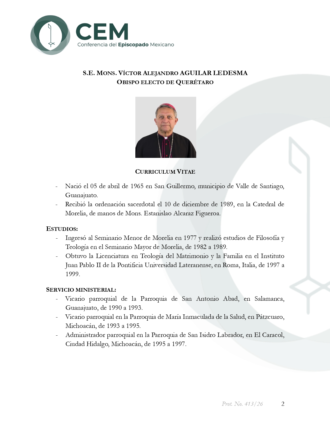 S.E. Mons. Víctor Alejandro Aguilar Ledesma Obispo Electo Querétaro page 0001