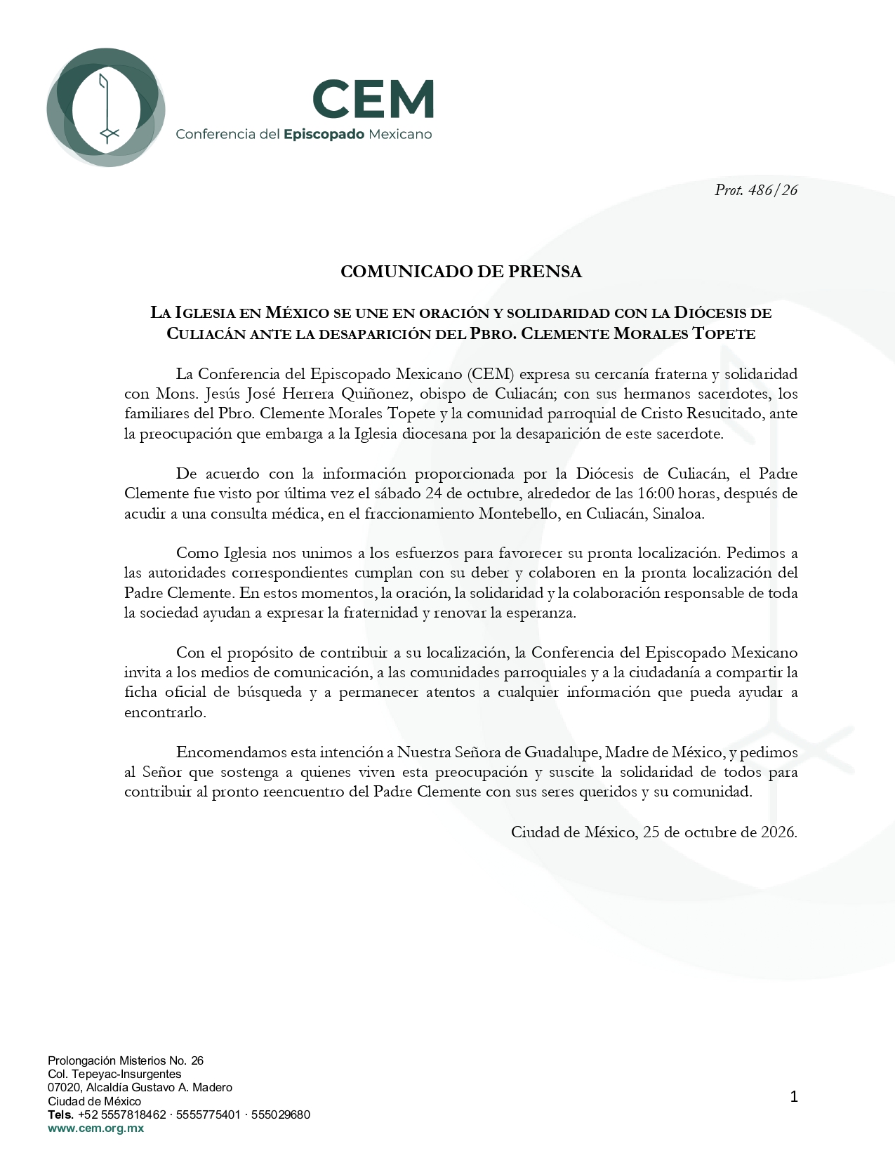 Comunicado CEM Pbro Desaparecido Culiacán II page 0001