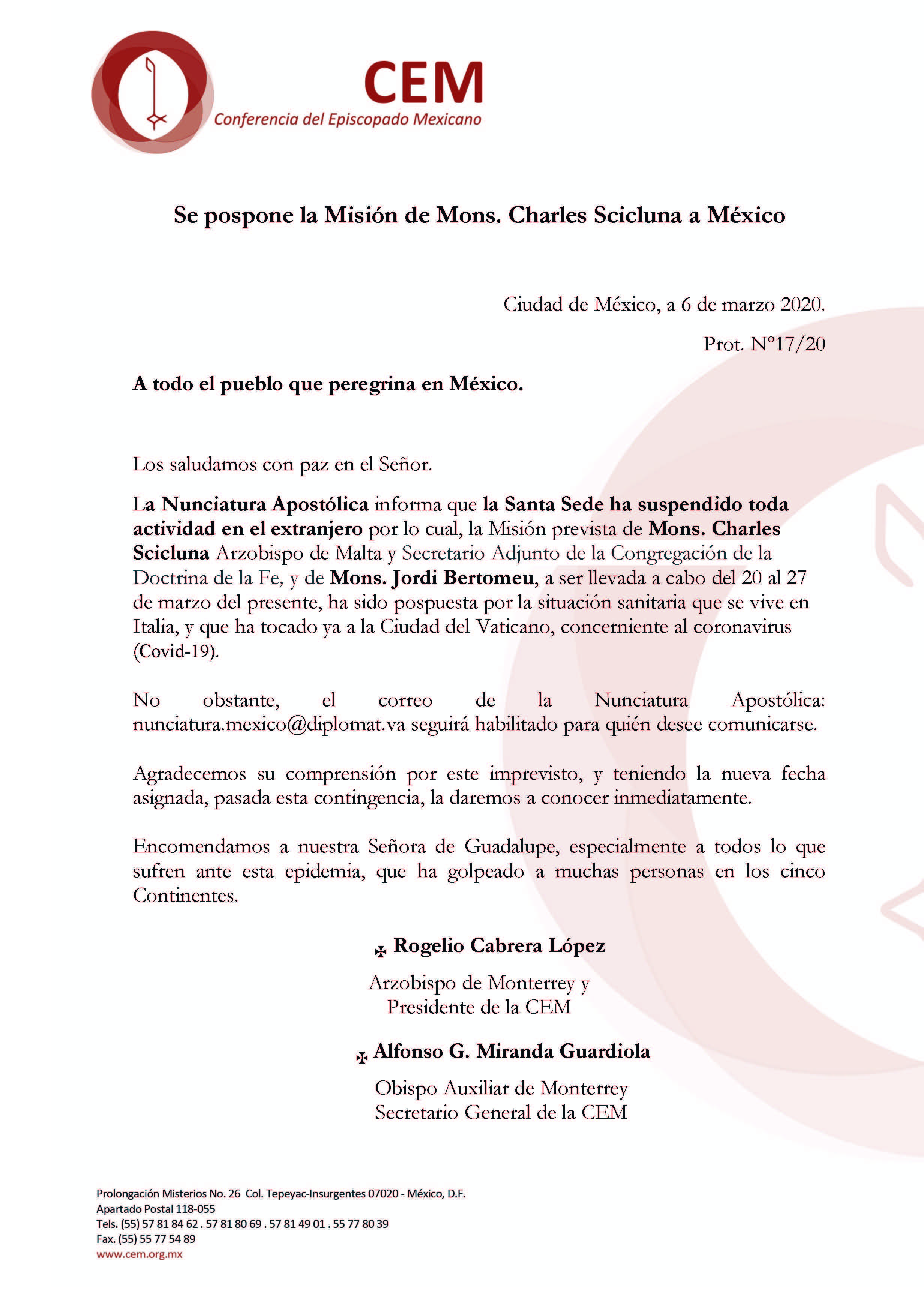 200306 CEM Se pospone la Misión de Mons. Charles Scicluna a México