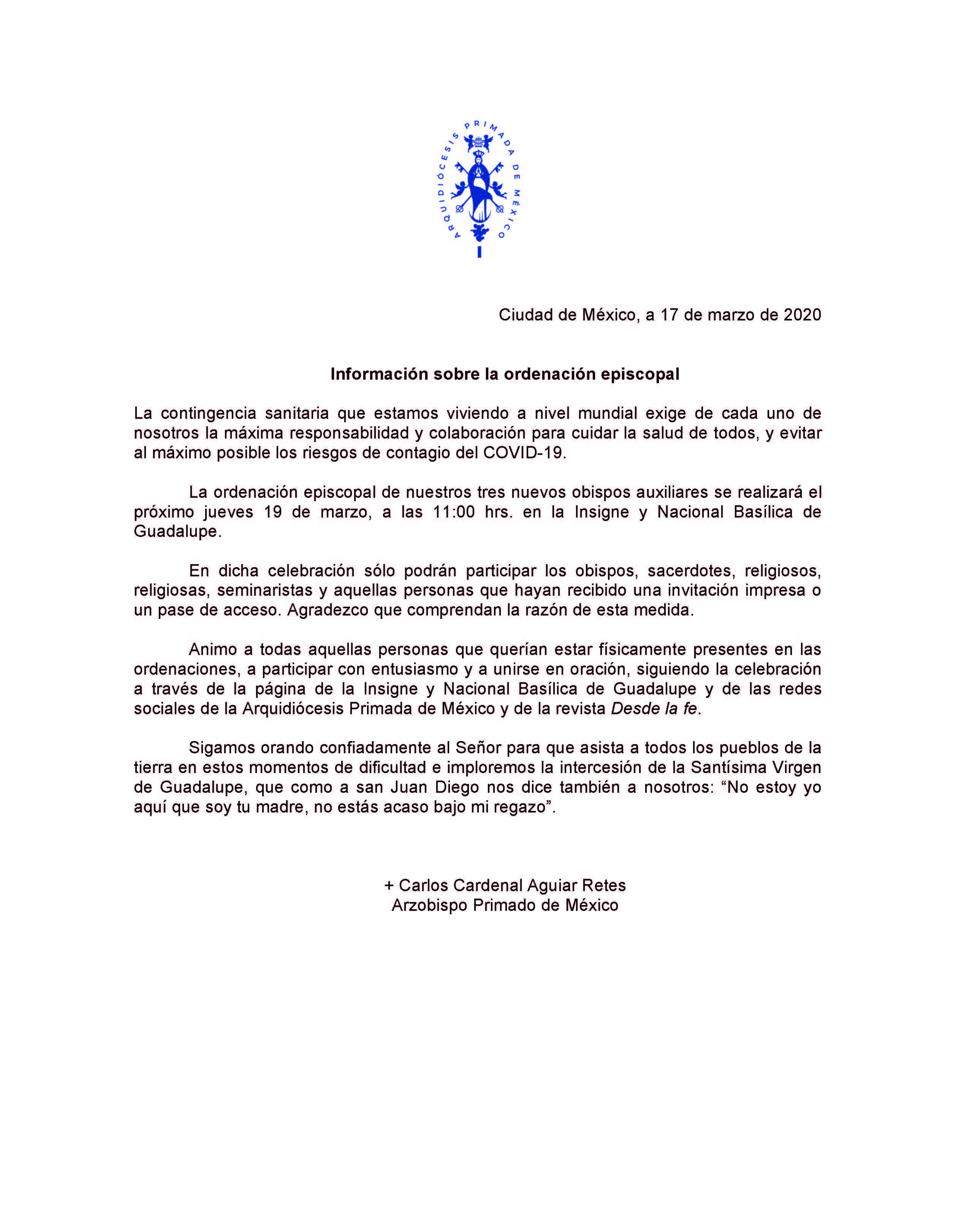 200317 Arquidiócesis Primada de México Comunicado ordenaciones episcopales