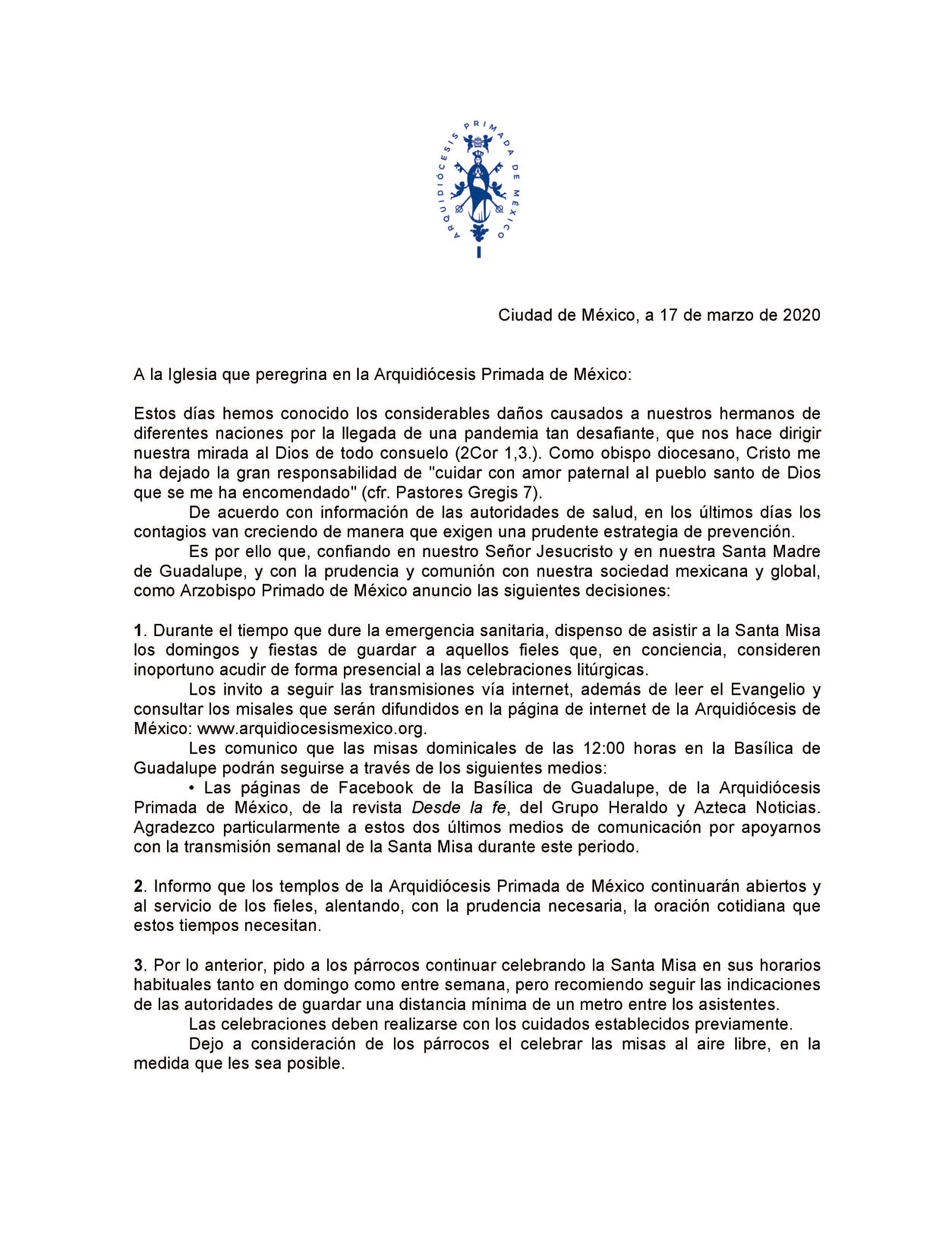 200317 Arquidiócesis Primada de México Comunicado Coronavirus Página 1