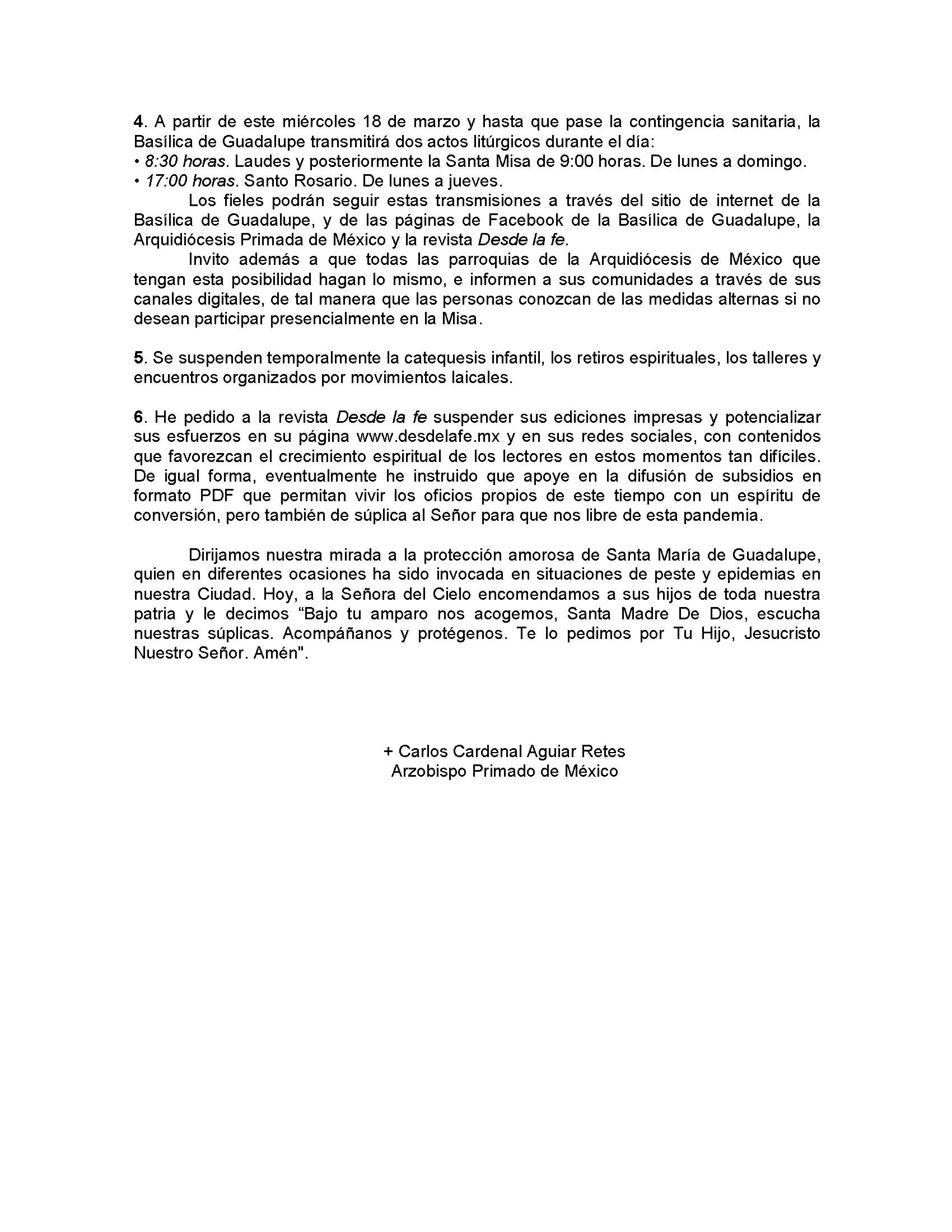 200317 Arquidiócesis Primada de México Comunicado Coronavirus Página 2