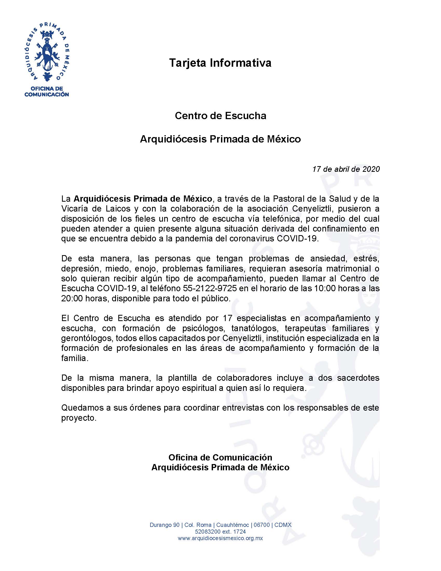 200417 Arquidiocesis Primada de Mexico Tarjeta Informativa