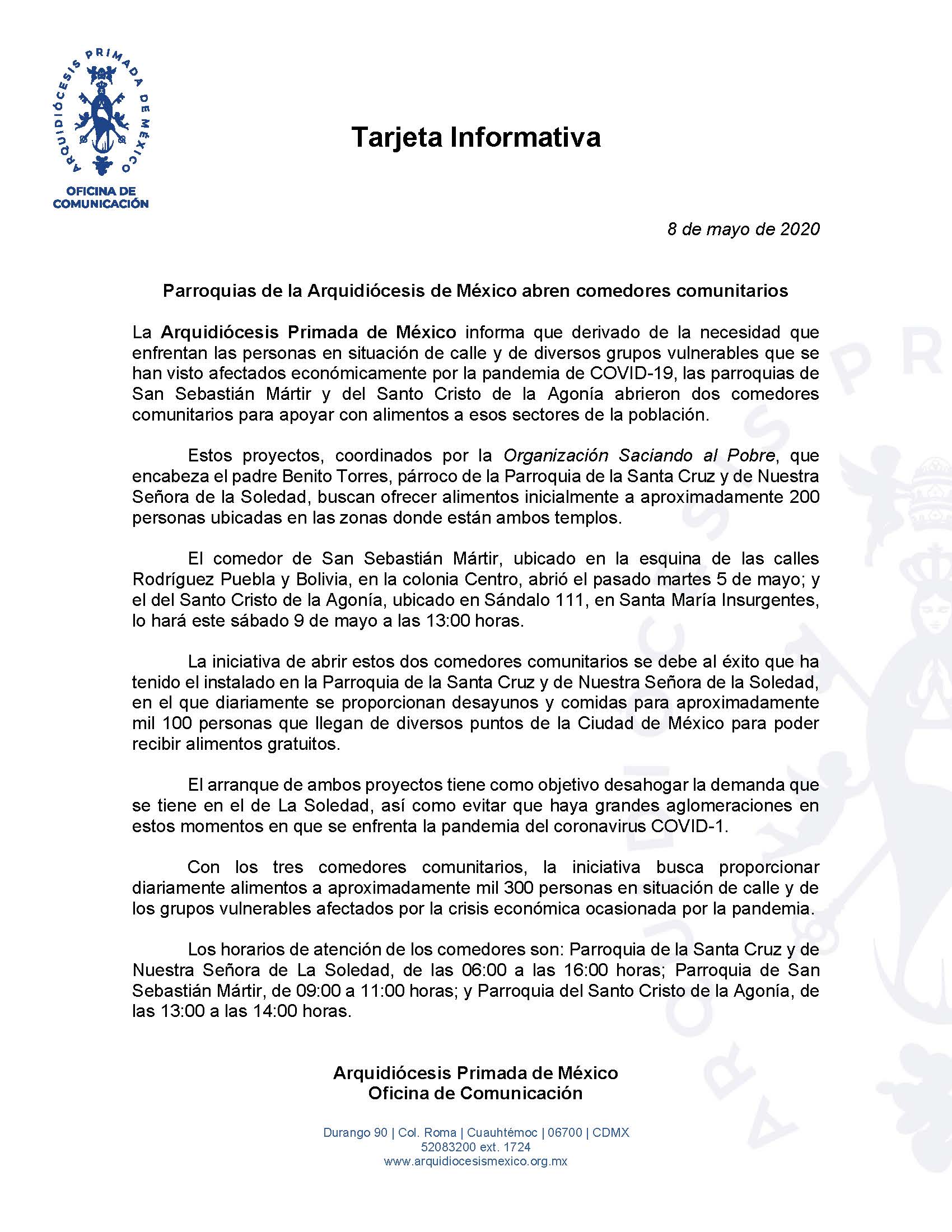 200508 Arquidiocesis Primada de Mexico Tarjeta Informativa Comedores Comunitarios