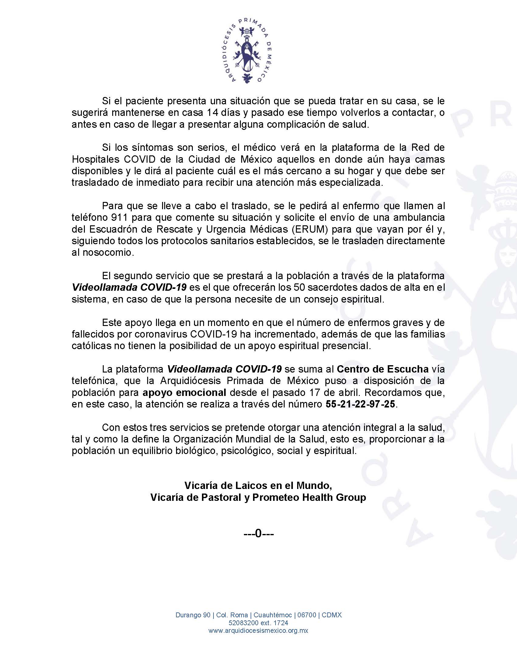 200511 Arquidiocesis Primada de Mexico Boletín Arquidiócesis Videollamada COVID19 Página 2