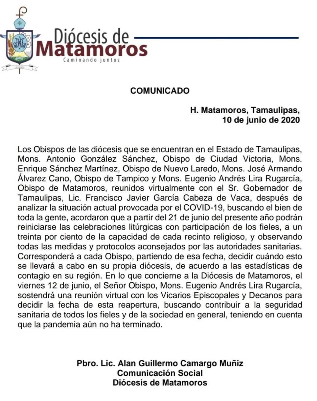 200610 Diocesis de Matamoros Comunicado1