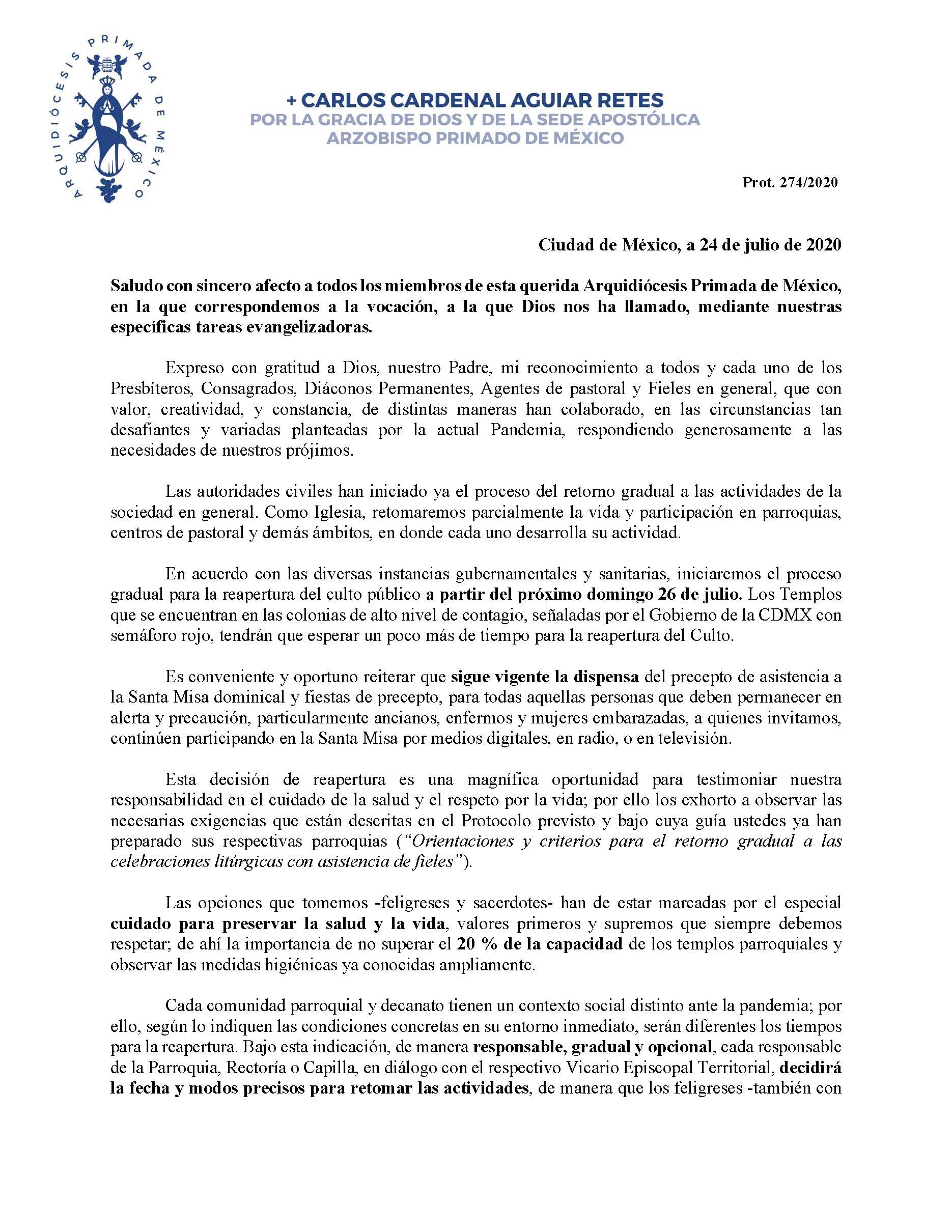 200724 Arquidiocesis Primada de Mexico Decreto para la reapertura del Culto público Página 1