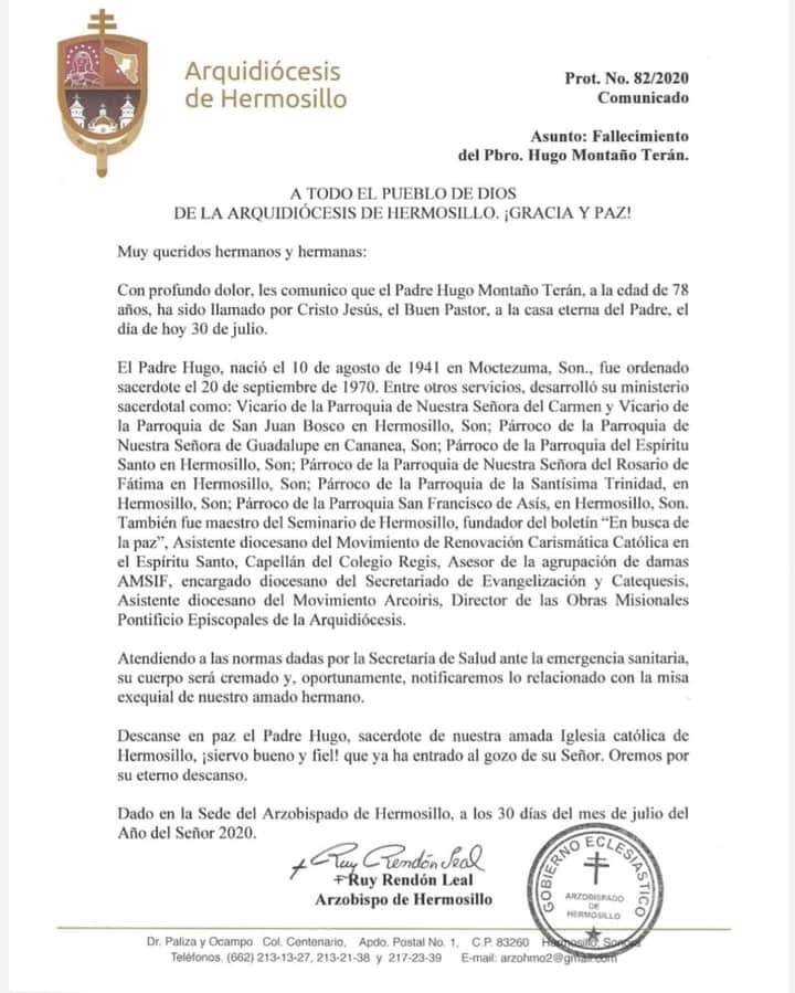 200730 Arquidiocesis de Hermosillo fallecimiento Pbro. Hugo Montaño Teran