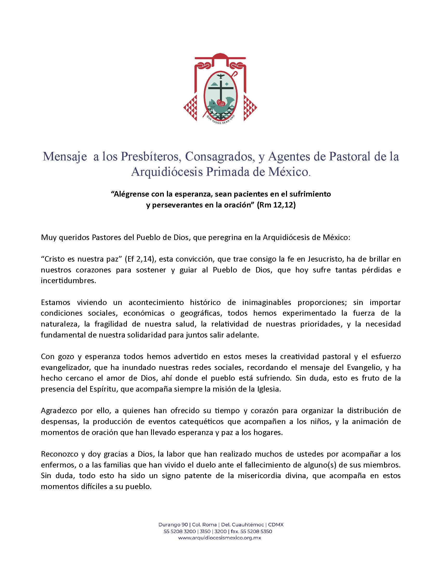 200802 Arquidiocesis Primada de Mexico Mensaje a Presbiteros Consagrados y Agentes de Pastoral Página 1
